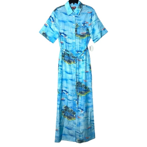 NWT STAUD Blue Cameron Island Belted Maxi Shirt Dress Size XS Coverup Vacation - Picture 4 of 14